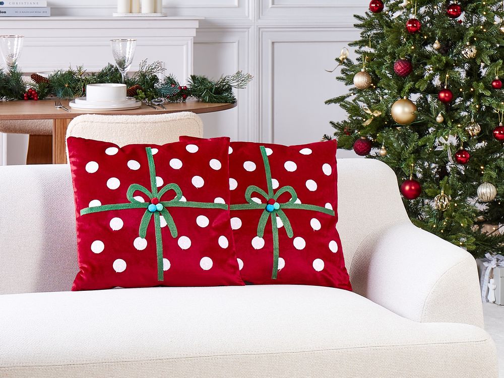 Set di 2 cuscini decorativi in tessuto di velluto rosso con motivo di regalo di Natale 45 x 45 cm Accessorio decorativo