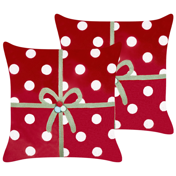 Set di 2 cuscini decorativi in tessuto di velluto rosso con motivo di regalo di Natale 45 x 45 cm Accessorio decorativo
