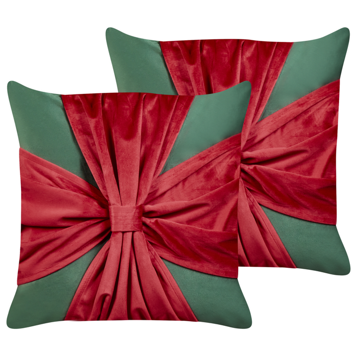 Set di 2 cuscini decorativi in tessuto di velluto verde e rosso con motivo di regalo di Natale 45 x 45 cm Accessorio decorativo