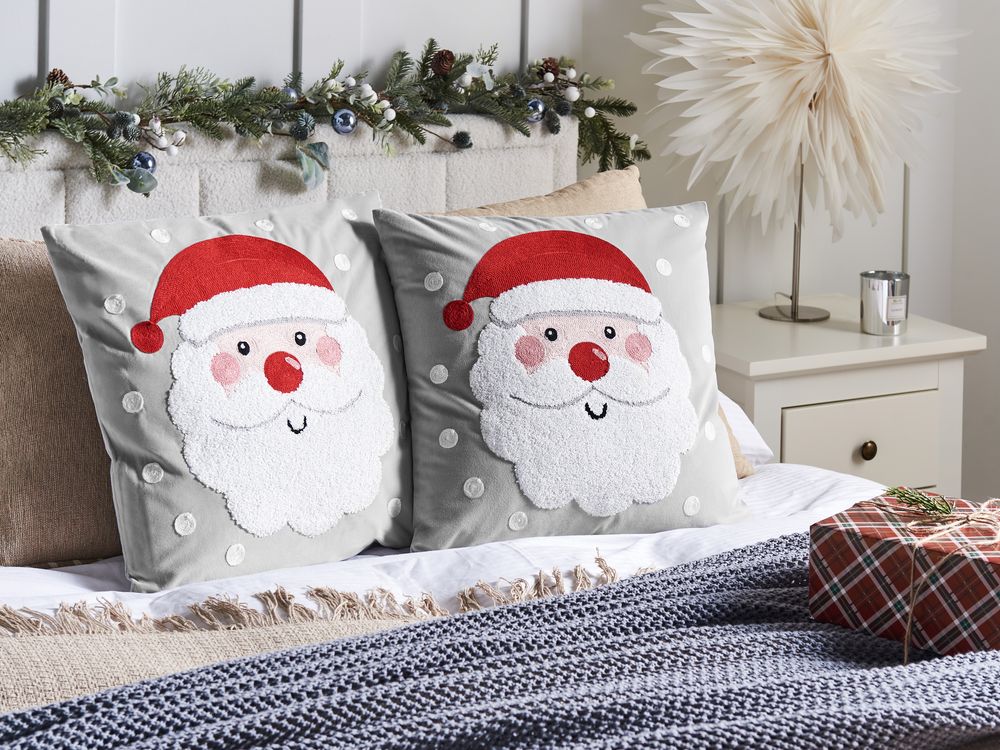 Set di 2 cuscini decorativi in tessuto di velluto grigio Motivo natalizio Babbo Natale 45 x 45 cm Accessorio per la decorazione
