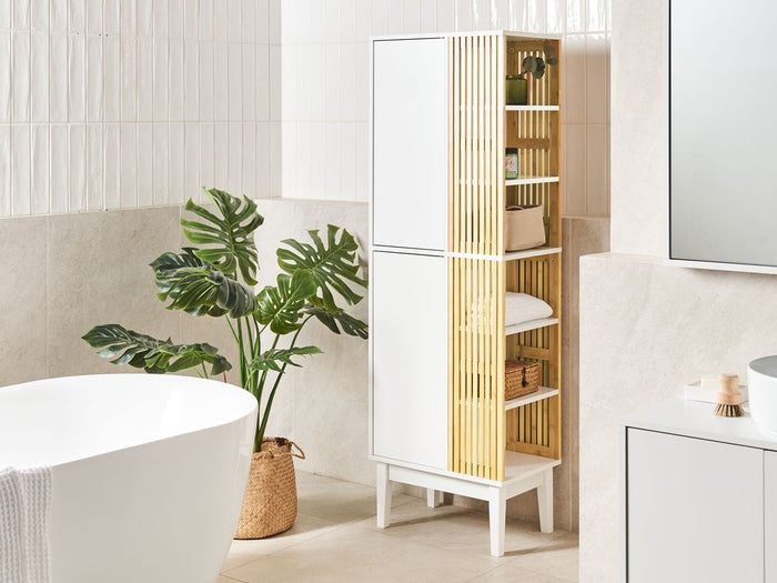 Mobile da bagno in bambù MDF Bianco e legno chiaro Mobili da bagno