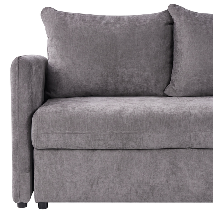 Divano letto 3 posti rivestito in tessuto con braccioli e cuscini tortora stile moderno