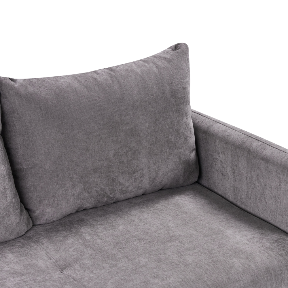 Divano letto 3 posti rivestito in tessuto con braccioli e cuscini tortora stile moderno