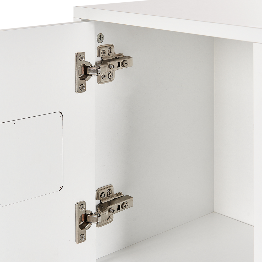 Libreria in MDF bianco con gambe in legno di pino per la cameretta dei bambini con motivo a nuvola.