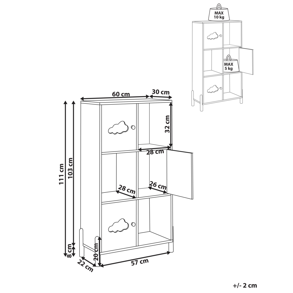 Libreria in MDF bianco con gambe in legno di pino per la cameretta dei bambini con motivo a nuvola.