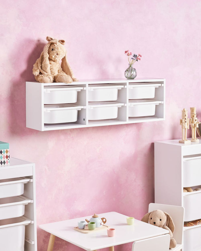 Scaffale a muro unico con 6 cassetti Scatole Camera dei bambini Particle Board Plastica Bianco