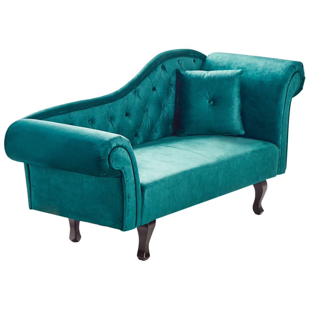 Chaise longue in Velluto Verde Smeraldo Bottone capitonné Tappezzeria versione destra con Cuscino