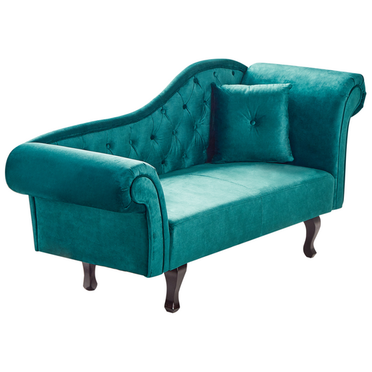 Chaise longue in Velluto Verde Smeraldo Bottone capitonné Tappezzeria versione destra con Cuscino