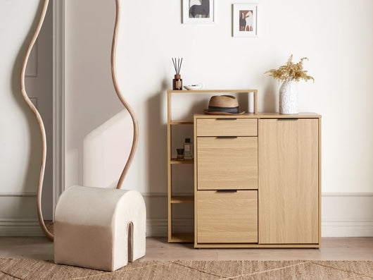 Scarpiera 3 vani con cassetti e ripiani aperti in legno chiaro ingegnerizzato stile moderno design