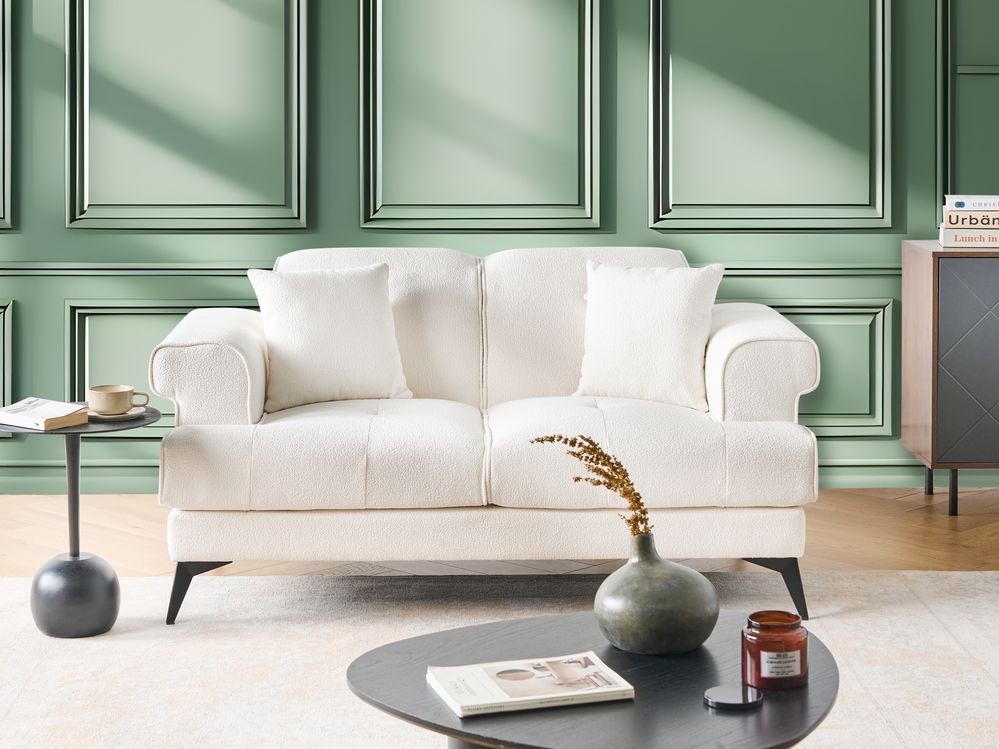 Divano moderno imbottito 2 posti in tessuto bouclé bianco con poggiatesta regolabile stile moderno