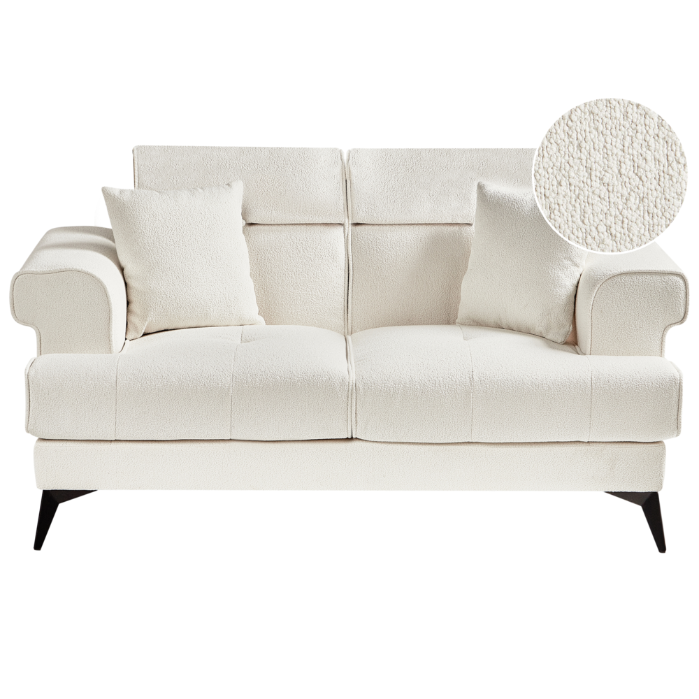 Divano moderno imbottito 2 posti in tessuto bouclé bianco con poggiatesta regolabile stile moderno