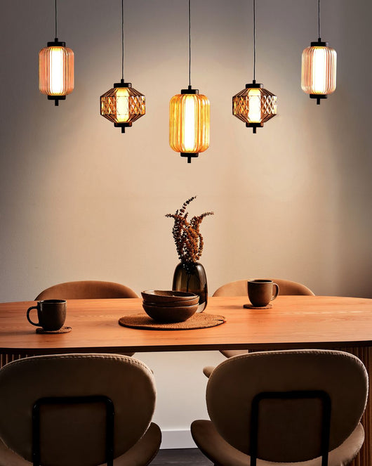 Lampada a sospensione multicolore con paralumi in vetro trasparente Ferro 5 luci Design moderno Accessori per la casa Soggiorno