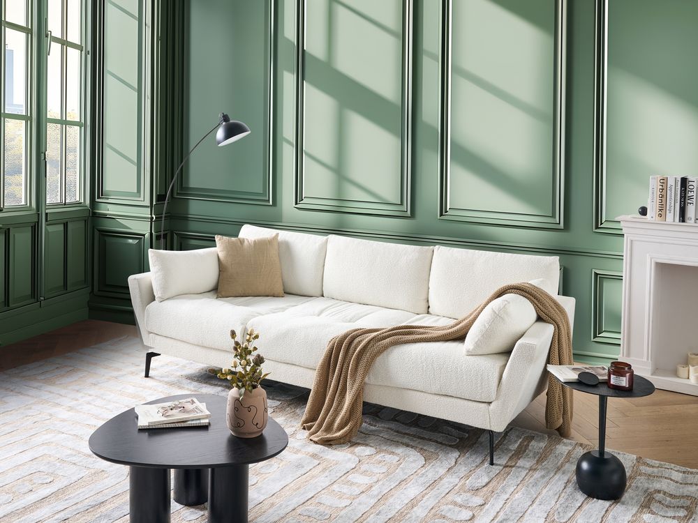 Divano 4 posti in tessuto minimalista Boucle Poliestere Gambe in metallo Braccioli Bianco