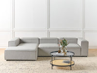 Divano angolare 4 posti in tessuto grigio chiaro lato destro con pouf stile moderno