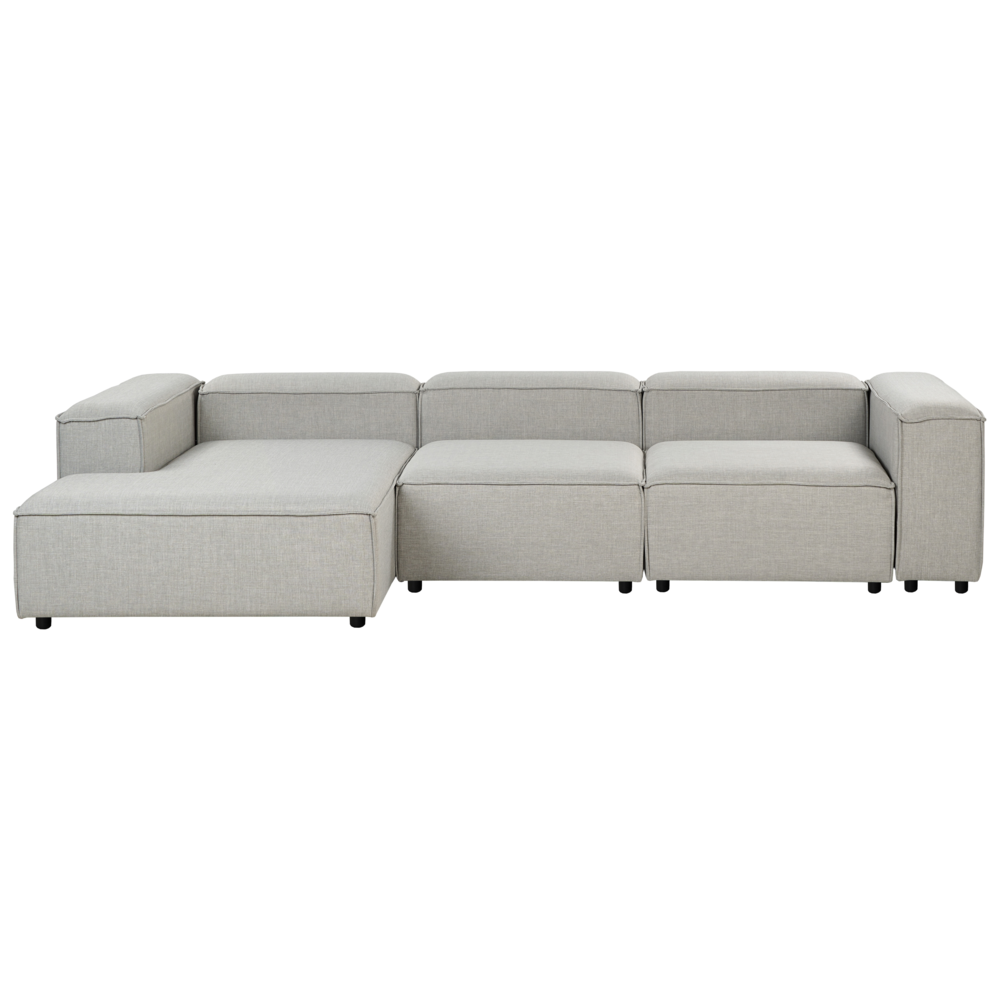 Divano angolare 4 posti in tessuto grigio chiaro lato destro con pouf stile moderno