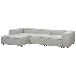 Divano angolare 4 posti in tessuto grigio chiaro lato destro con pouf stile moderno