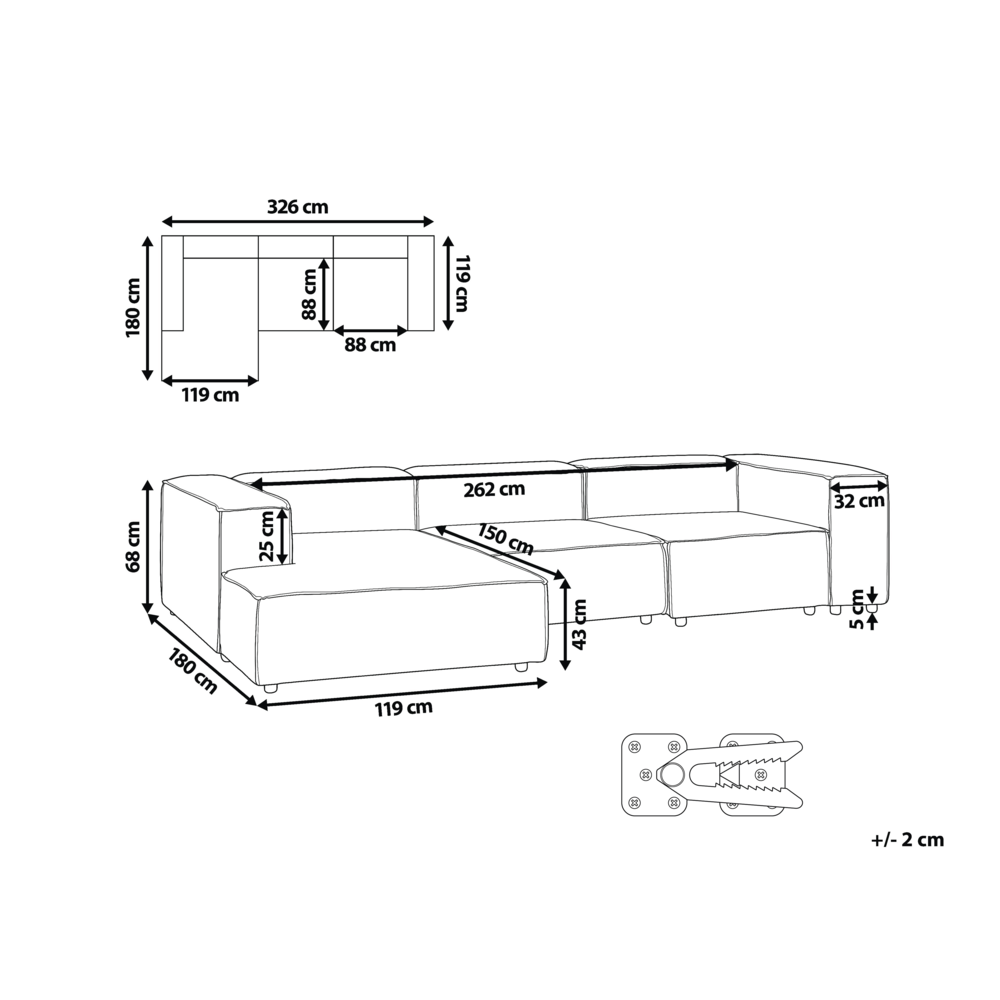 Divano angolare 4 posti in tessuto grigio chiaro lato destro con pouf stile moderno
