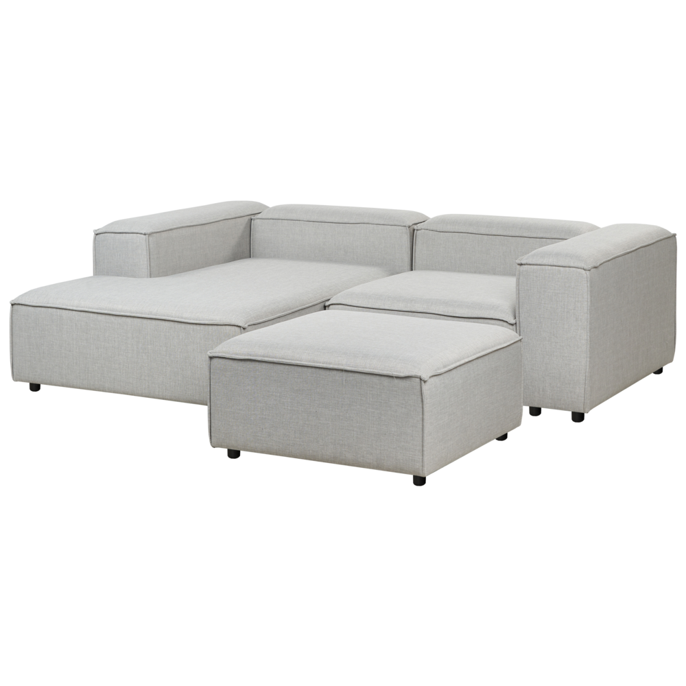 Divano angolare 3 posti in tessuto grigio chiaro lato destro con pouf stile moderno