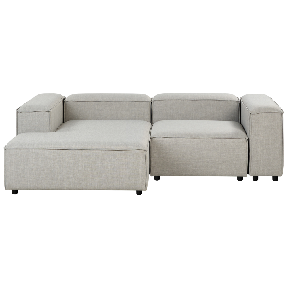 Divano angolare 3 posti in tessuto grigio chiaro lato destro con pouf stile moderno