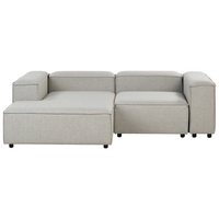 Divano angolare 3 posti in tessuto grigio chiaro lato destro con pouf stile moderno