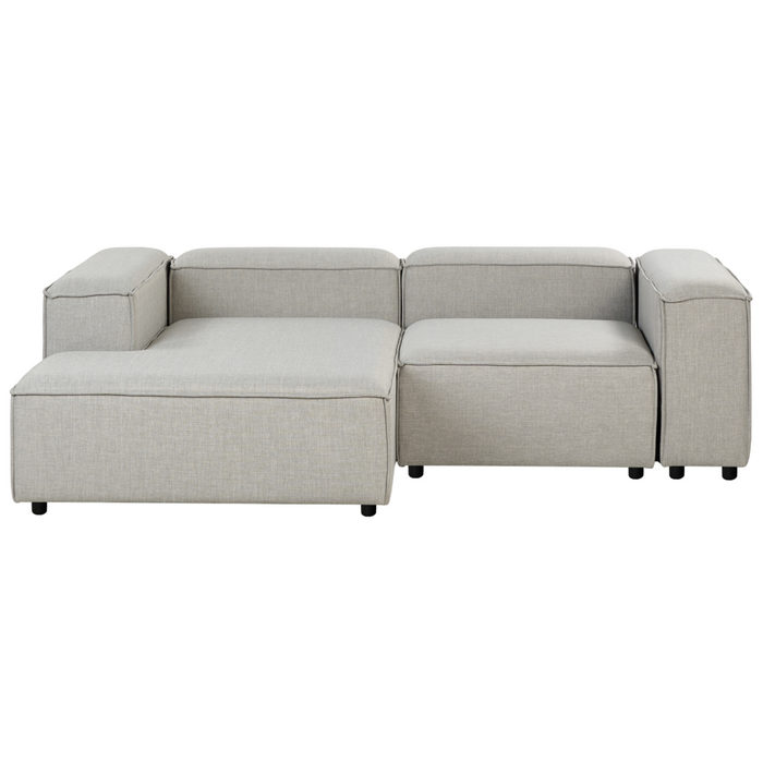 Divano angolare 3 posti in tessuto grigio chiaro lato destro con pouf stile moderno
