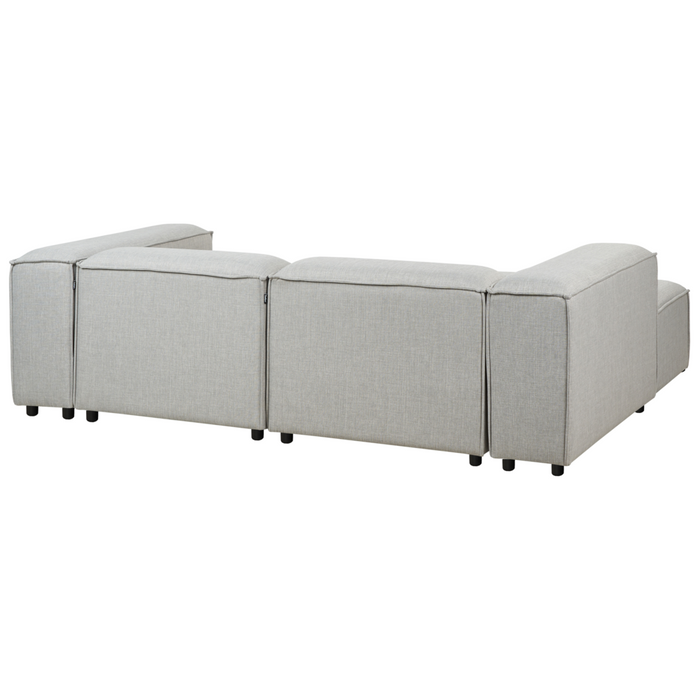 Divano angolare 3 posti in tessuto grigio chiaro lato destro con pouf stile moderno