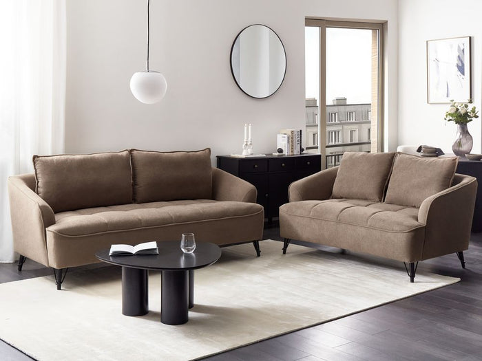 Set di divani a 2 e 3 posti in tessuto marrone con cuscini aggiuntivi stile moderno