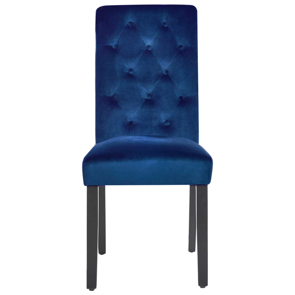 Set di 2 sedie da pranzo in velluto blu, legno di gomma, gambe nere, bottoni e piedistalli