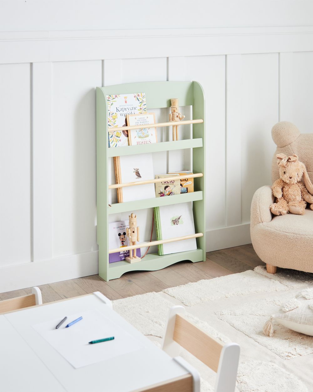 Libreria da parete verde chiaro a 3 piani in legno di pino MDF Camera dei bambini