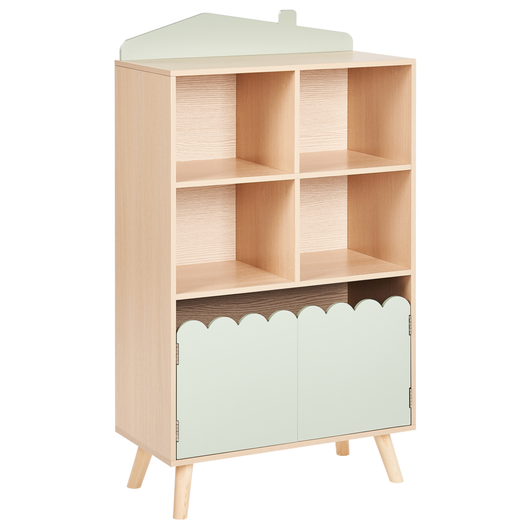 Scaffale 2 ripiani con portaoggetti per la cameretta in legno di pino chiaro con gambe in legno chiaro