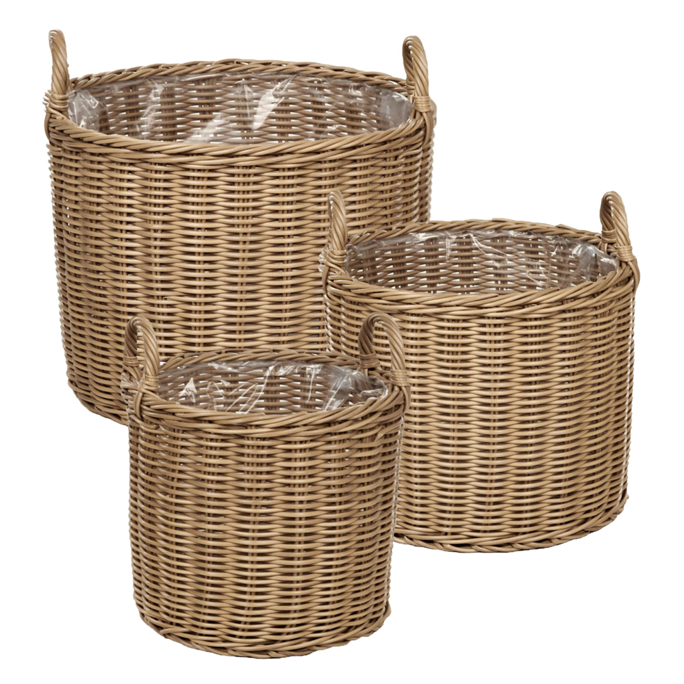 Set di 3 cesti per piante in PE Rattan marrone con manici Intarsio sintetico