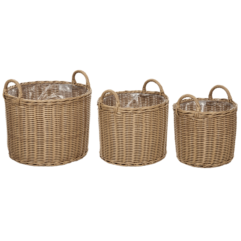 Set di 3 cesti per piante in PE Rattan marrone con manici Intarsio sintetico