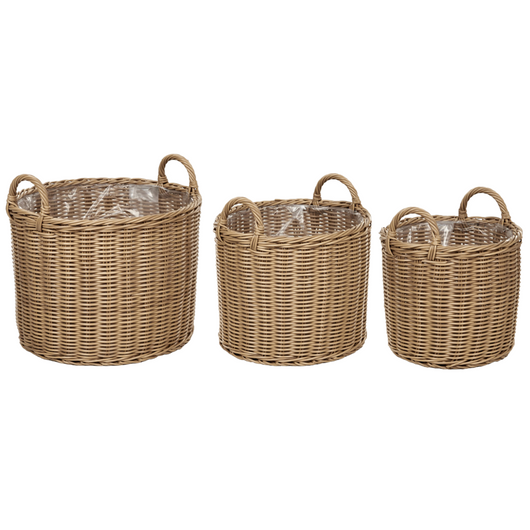 Set di 3 cesti per piante in PE Rattan marrone con manici Intarsio sintetico