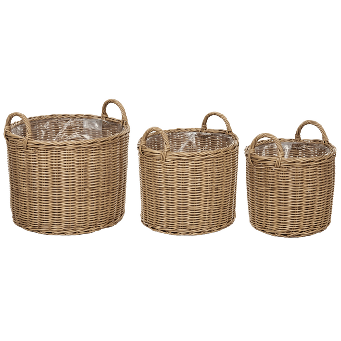 Set di 3 cesti per piante in PE Rattan marrone con manici Intarsio sintetico
