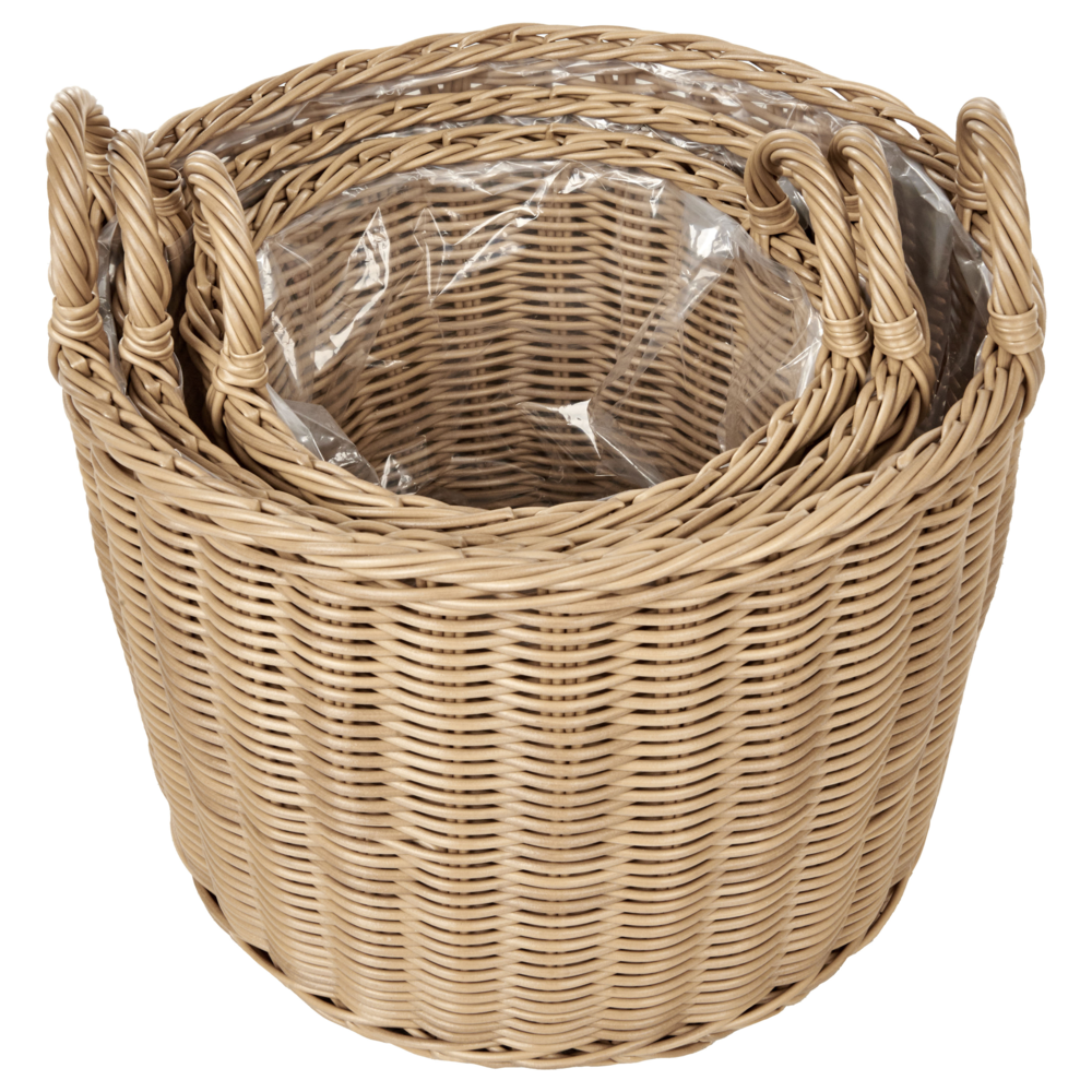 Set di 3 cesti per piante in PE Rattan marrone con manici Intarsio sintetico