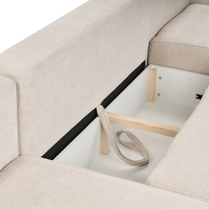 Divano letto a U in tessuto beige chiaro 4 posti pratico vano contenitore