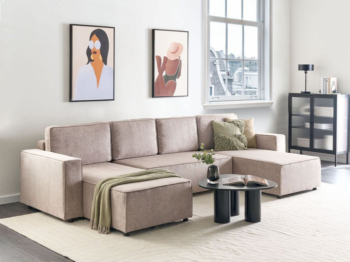 Divano letto a U in tessuto marrone chiaro 4 posti pratico vano contenitore