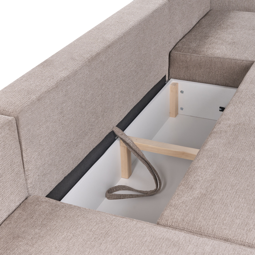 Divano letto a U in tessuto marrone chiaro 4 posti pratico vano contenitore