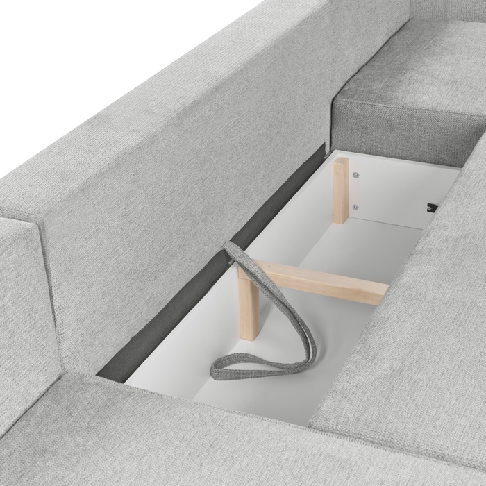 Divano letto a U in tessuto grigio chiaro 4 posti pratico vano contenitore