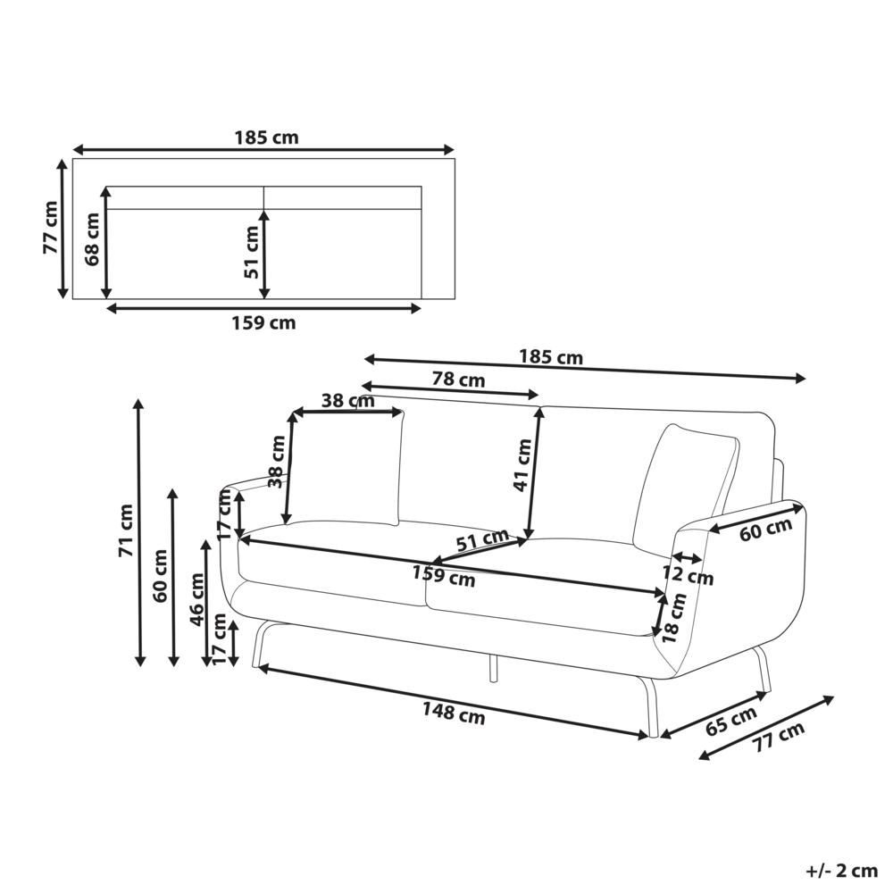 Divano a 3 posti in tessuto marrone chiaro con gambe nere stile retro imbottito