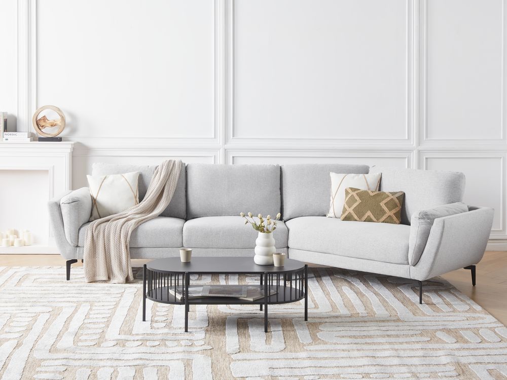 Divano a 3 posti in tessuto grigio chiaro con schienale imbottito elegante moderno minimalista