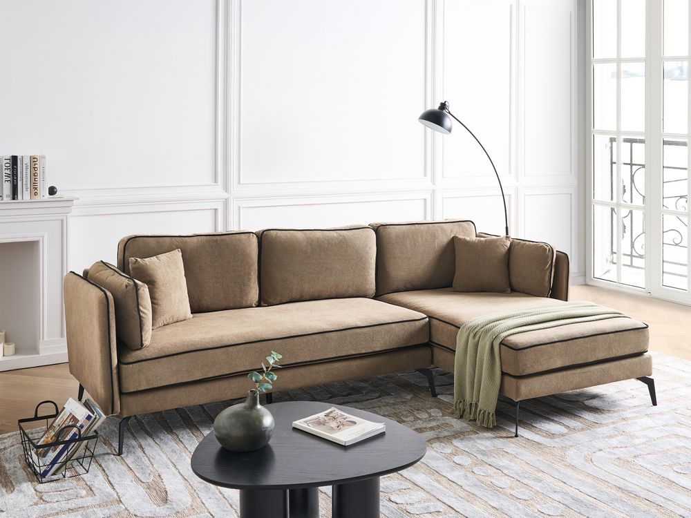 Divano 3 posti angolare regolabile lato sinistro in tessuto marrone chiaro stile moderno design classico