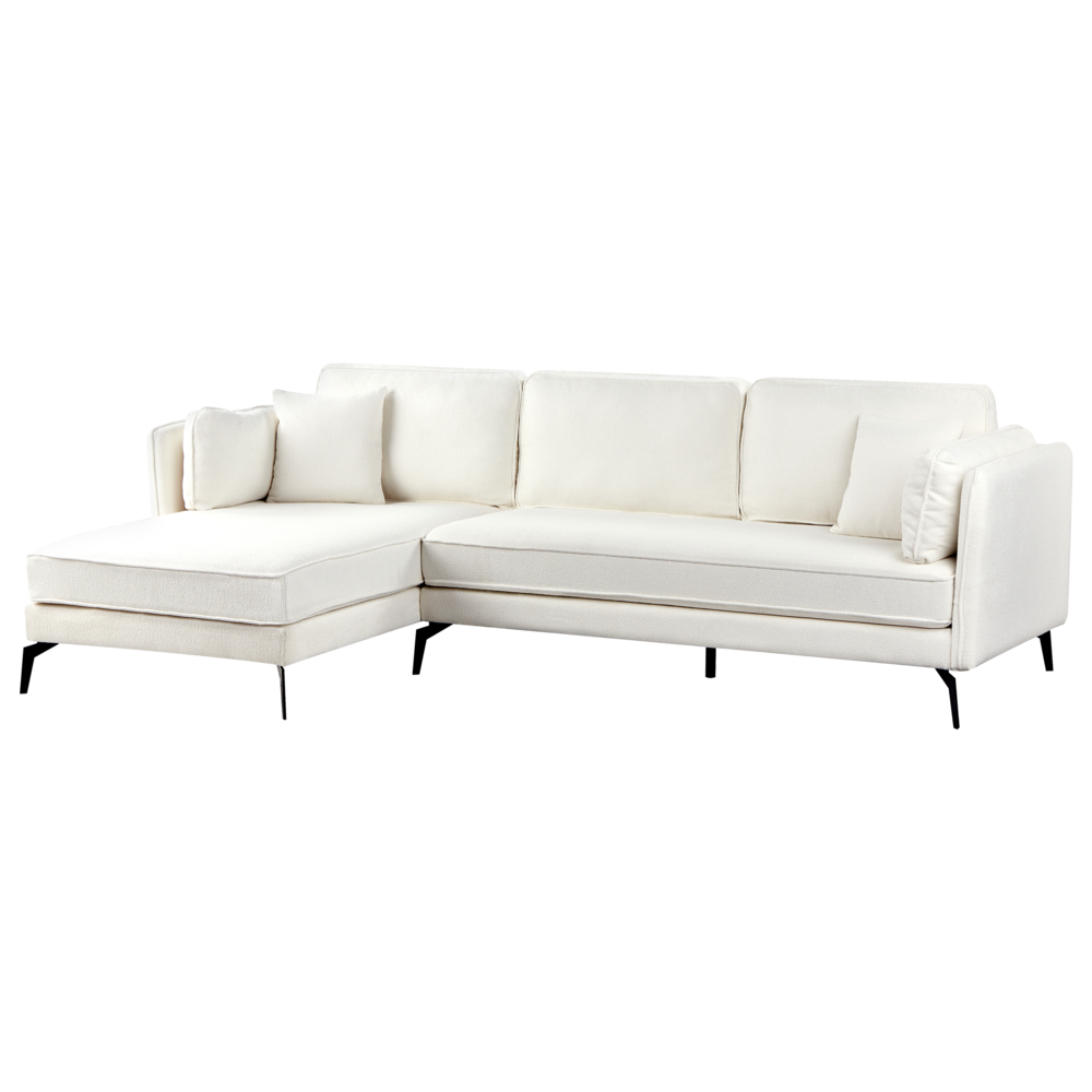 Divano angolare destro Bianco sporco Boucle Gambe in metallo Schienale a cuscino Cuscini sparsi Design moderno