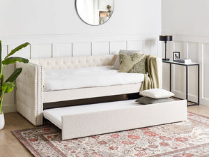 Letto da Giorno Estraibile 90 x 200 cm in tessuto bouclè bianco sporco con Rete a Doghe e Bottoni Rifiniture Glam