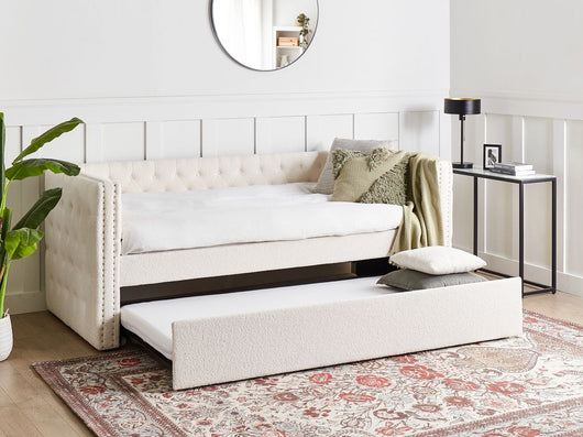 Letto da Giorno Estraibile 90 x 200 cm in tessuto bouclè bianco sporco con Rete a Doghe e Bottoni Rifiniture Glam