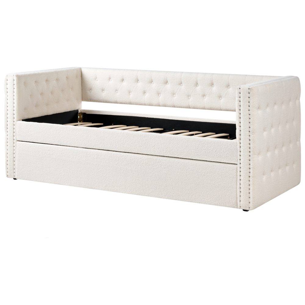 Letto da Giorno Estraibile 90 x 200 cm in tessuto bouclè bianco sporco con Rete a Doghe e Bottoni Rifiniture Glam