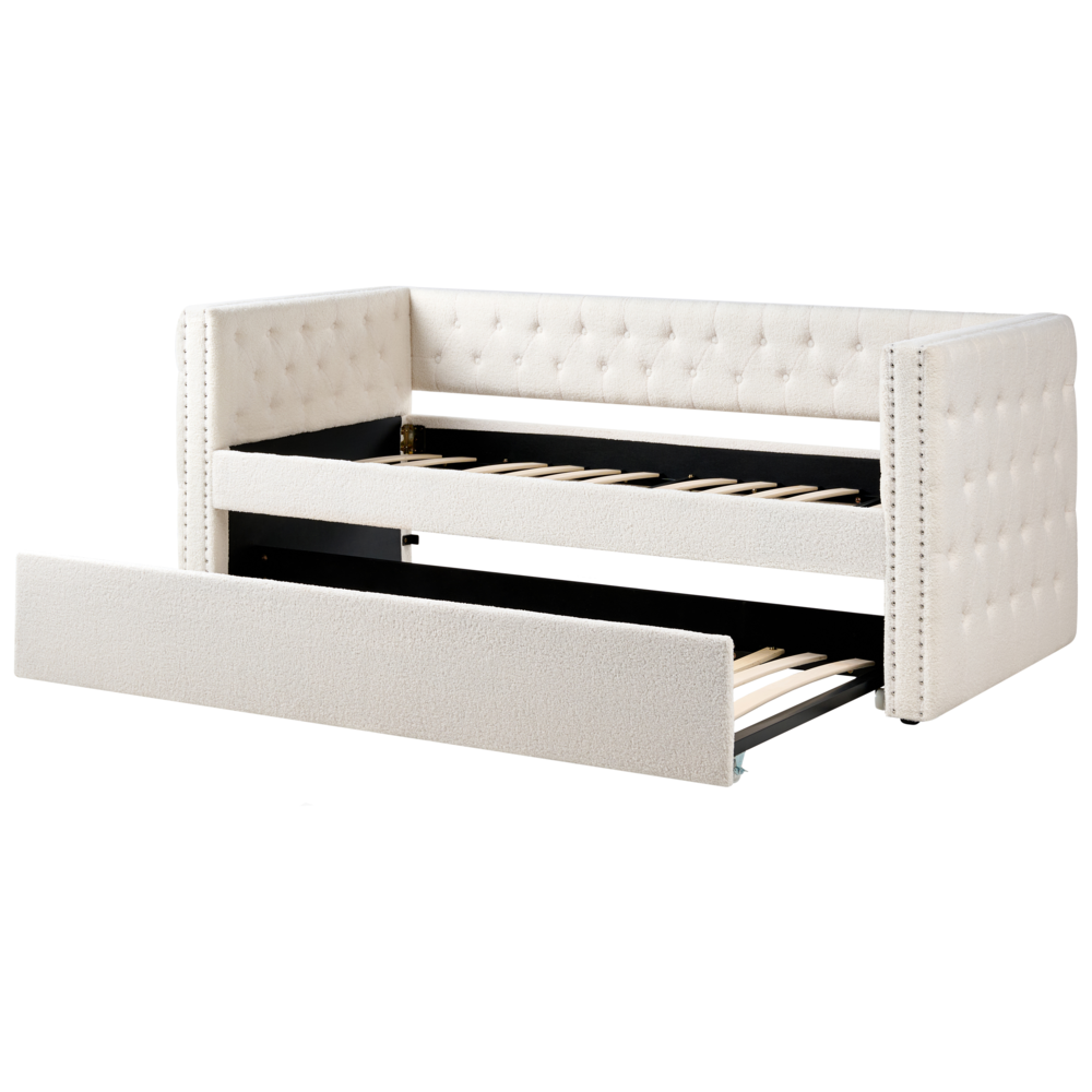 Letto da Giorno Estraibile 90 x 200 cm in tessuto bouclè bianco sporco con Rete a Doghe e Bottoni Rifiniture Glam