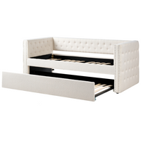 Letto da Giorno Estraibile 90 x 200 cm in tessuto bouclè bianco sporco con Rete a Doghe e Bottoni Rifiniture Glam