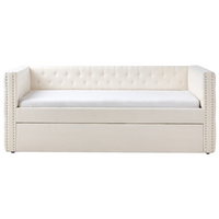 Letto da Giorno Estraibile 90 x 200 cm in tessuto bouclè bianco sporco con Rete a Doghe e Bottoni Rifiniture Glam