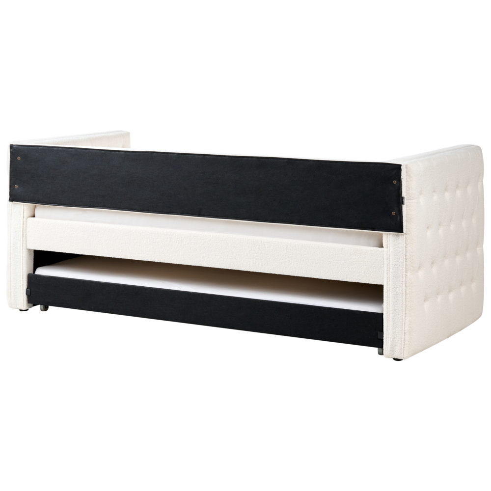 Letto da Giorno Estraibile 90 x 200 cm in tessuto bouclè bianco sporco con Rete a Doghe e Bottoni Rifiniture Glam